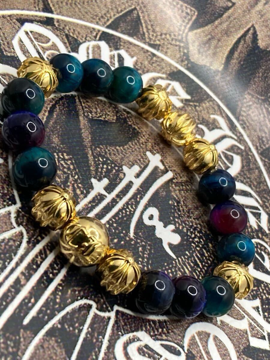 †CHROME HEARTS†クロムハーツ†ビーズブレスレット 天然マルチカラータイガーアイ 22k 数珠 インボイス拍卖