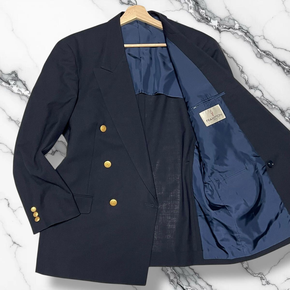 美麗品◎Lサイズ!!フランプトン【光輝く金ボタン!!】FRAMPTON 紺ブレ ジャケット ブレザー ネイビー ダブル ウール 日本製◎メンズ拍卖