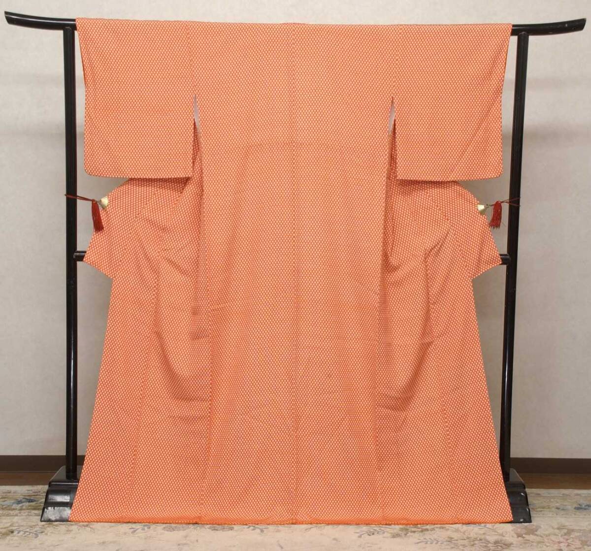 ☆小紋☆オレンジ色地 細かな小花 白い花 正絹 裄65cm☆キレイ拍卖