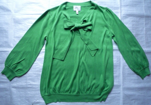 ミリー◆Milly★ボウタイの綿シルク7分袖ニット★S★7号~9号くらい★濃いきみどり拍卖