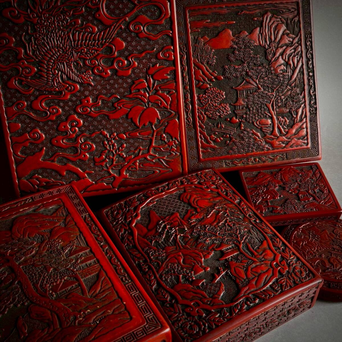 YM1308 古玩 仙台堆朱 箱物 6点 まとめて 山水文 朱雀文 漆器 四角 丸型 検)書道具 文箱 硯箱 香合 小物入れ 菓子器 彫刻 工芸品 中国美術拍卖