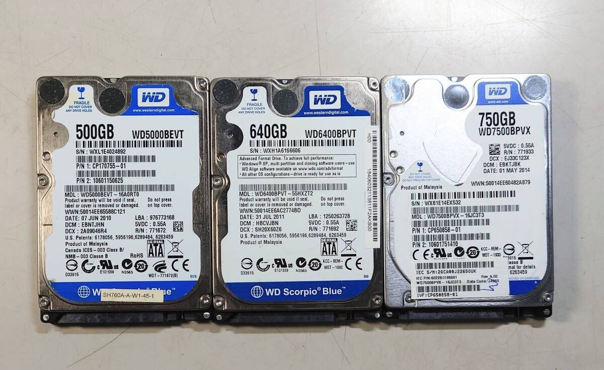 KN4799 【中古品】 WesternDigital WD5000BEVT WD6400BPVT WD7500BPVX HDD 3個セット拍卖