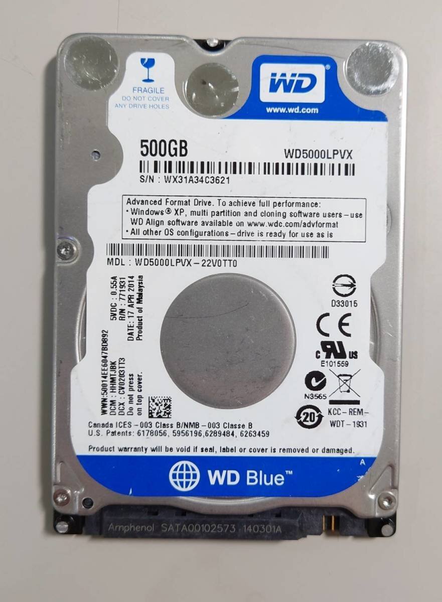 KN1165 WesternDigital HDD 2.5inch WD5000LPVX 500GB 使用時間:597時間拍卖