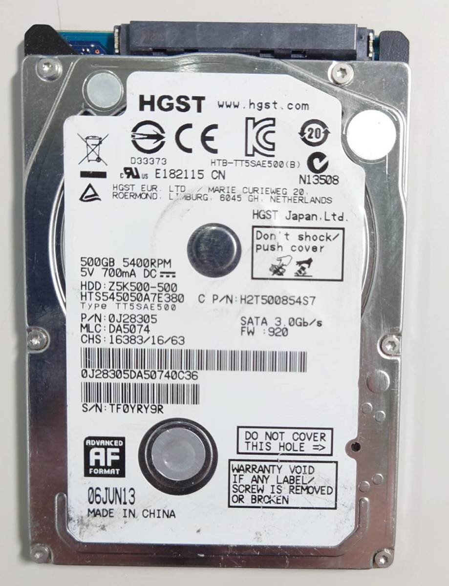 KN1231 HGST 2.5インチ HDD 500GB HTS545050A7E380 使用時間:4437時間拍卖