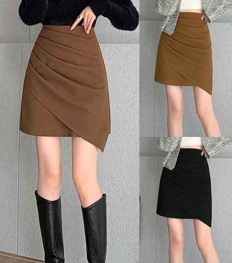 ミニスカート タイトスカート シンプル 無地 カジュアル ギャザー 秋冬【大きいサイズあり】 S キャメル(色品番1)拍卖