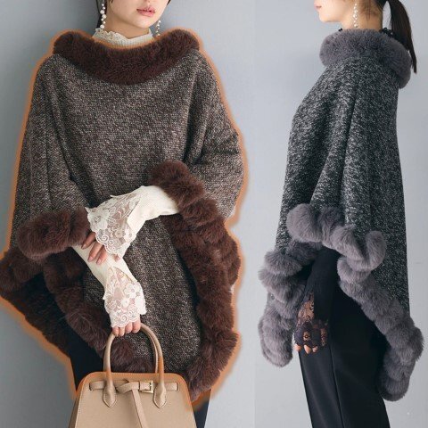 トップス アウター 羽織 ポンチョ ニット 厚手 フェイクファー きれいめ 上品 レディース ワンサイズ ブラック拍卖