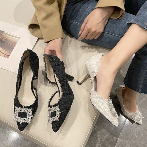 ツイードパンプス ポインテッドトゥ 華奢 23.0cm(36) ブラック拍卖