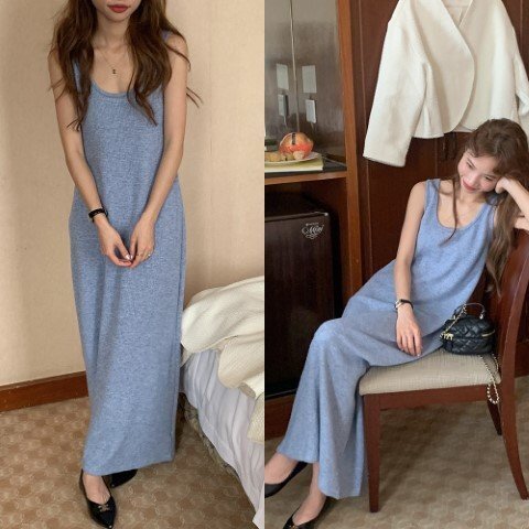 500円 同梱不可 ベアトップ タンクトップ ロング スカート ニット ゆったり フリー ブルー拍卖