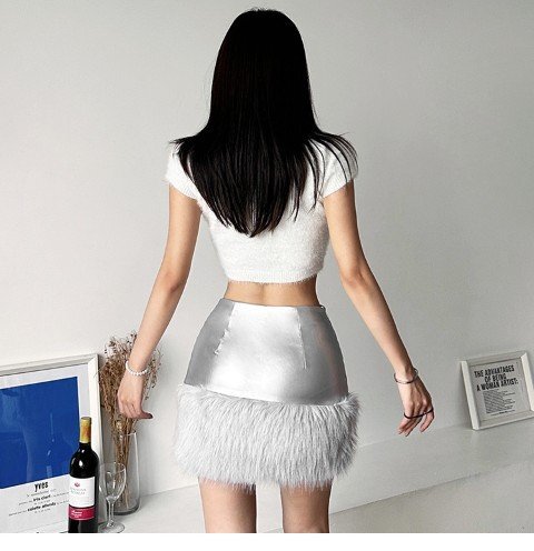 ミニスカート ショート丈スカート PUレザー フェイクレザー フェイクファー シンプル カジュアル S グレー拍卖
