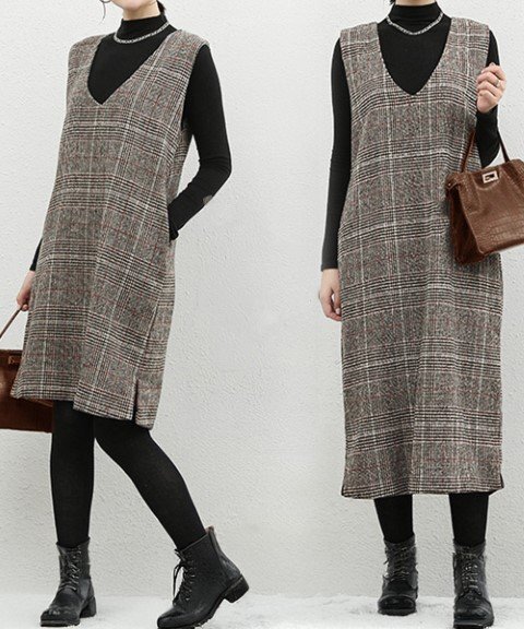 ジャンパースカート ノースリーブ 袖なし Vネック シンプル カジュアル チェック柄 L ショート丈拍卖