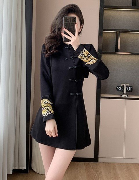 上下2点セット 長袖 ミニスカート きれいめ シンプル セットアップ【大きいサイズあり】 L ブラック拍卖