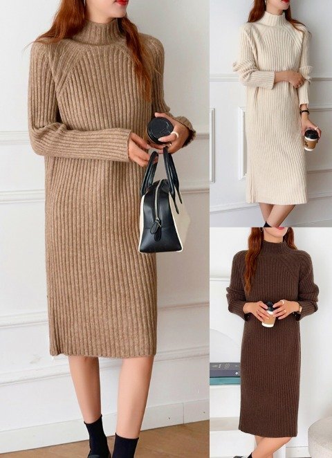ロングワンピース 長袖 ニット セーター シンプル カジュアル きれいめ レディース フリー ベージュ拍卖