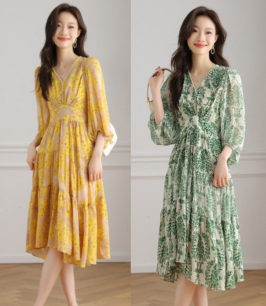 ミディアム丈ワンピース ひざ丈ワンピース 長袖 パフスリーブ Vネック フリルワンピース シンプル XL グリーン拍卖