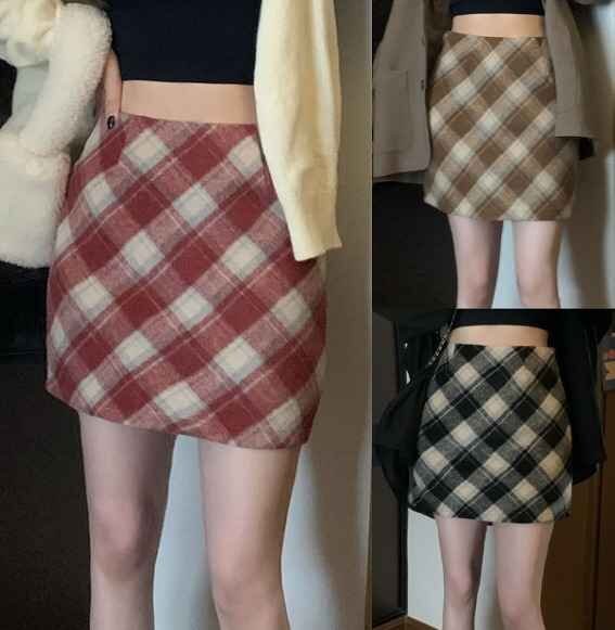 ミニスカート タイトスカート ギンガムチェック 格子柄 ボトムス 秋冬 チェック柄 シンプル レトロ L ブラウン拍卖