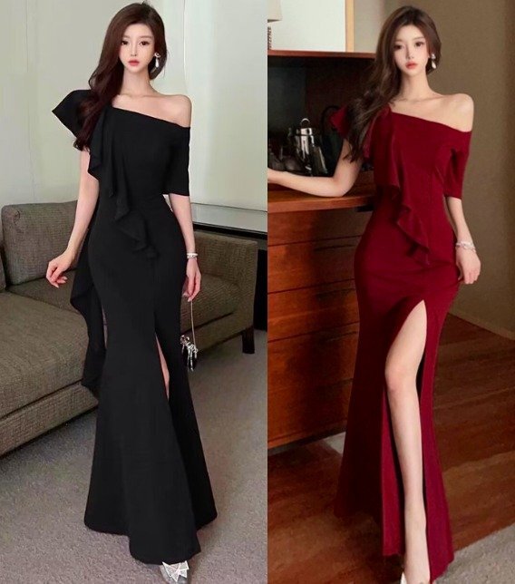 ワンピース フリル 切り替え スリム 着痩せ カジュアル L ブラック拍卖