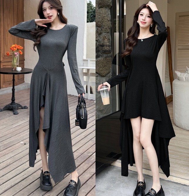 ロングワンピース 長袖 フリル シンプル カジュアル ユニーク 個性派 アシンメトリー S ブラック拍卖