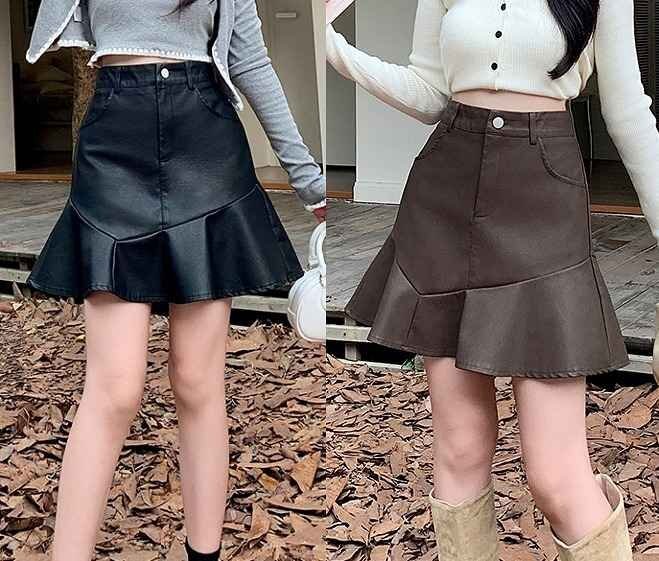 ミニスカート タイトスカート フリル ボトムス PUレザー【大きいサイズあり】 XL ブラウン拍卖