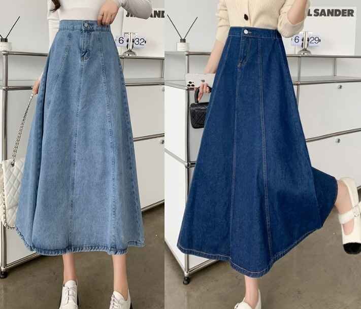 全2色 デニムスカート ハイウエスト フリル 切り替え 体型カバー 着痩せ デニム sweet系 XL ダークブルー拍卖
