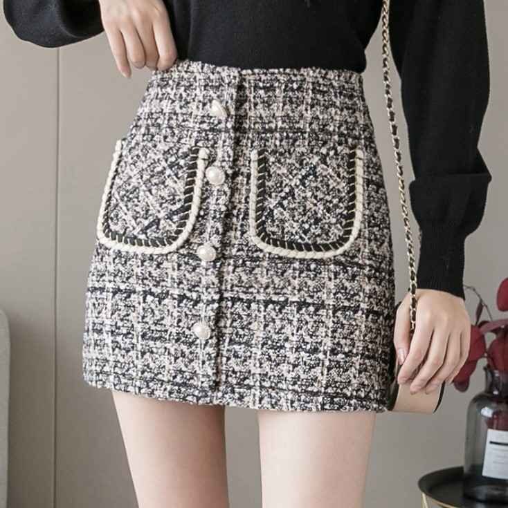 ツイードスカート レディース ハイウエスト チェック柄 ミニスカート 美脚 L ダークベージュ拍卖