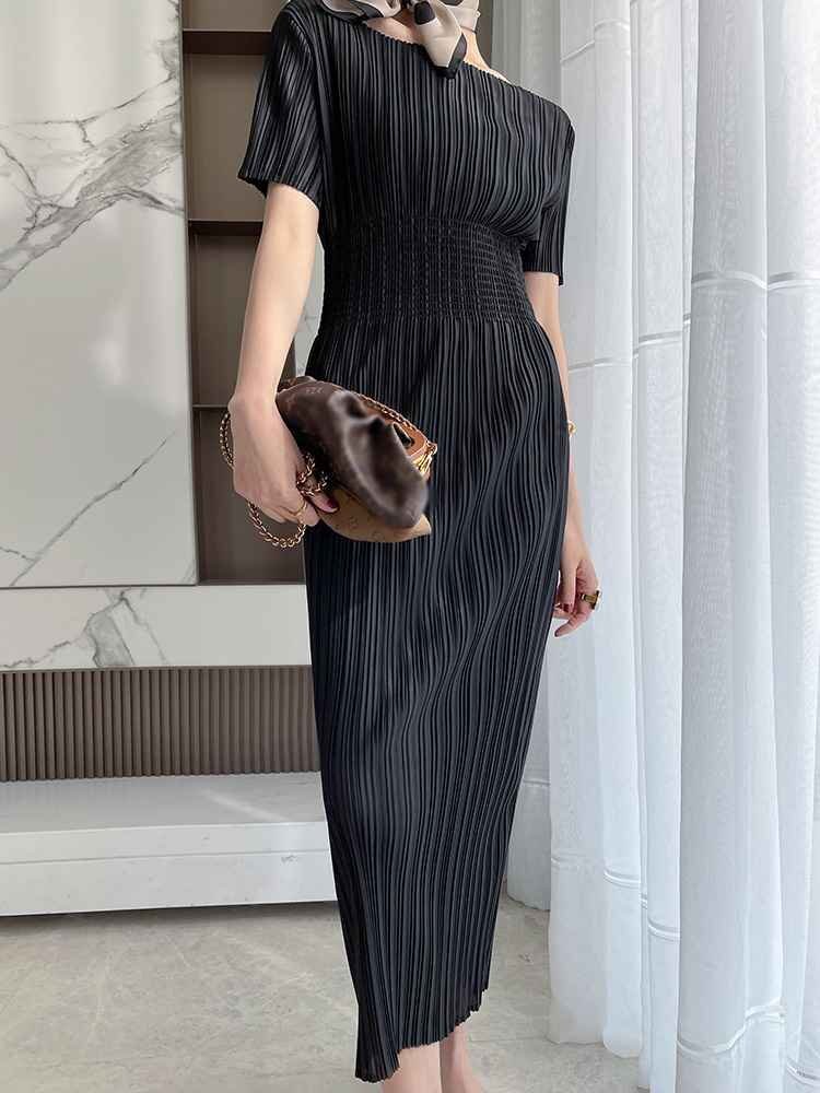 エレガント プリーツ スリム ハイウエスト 半袖 ワンピース L ネイビー拍卖