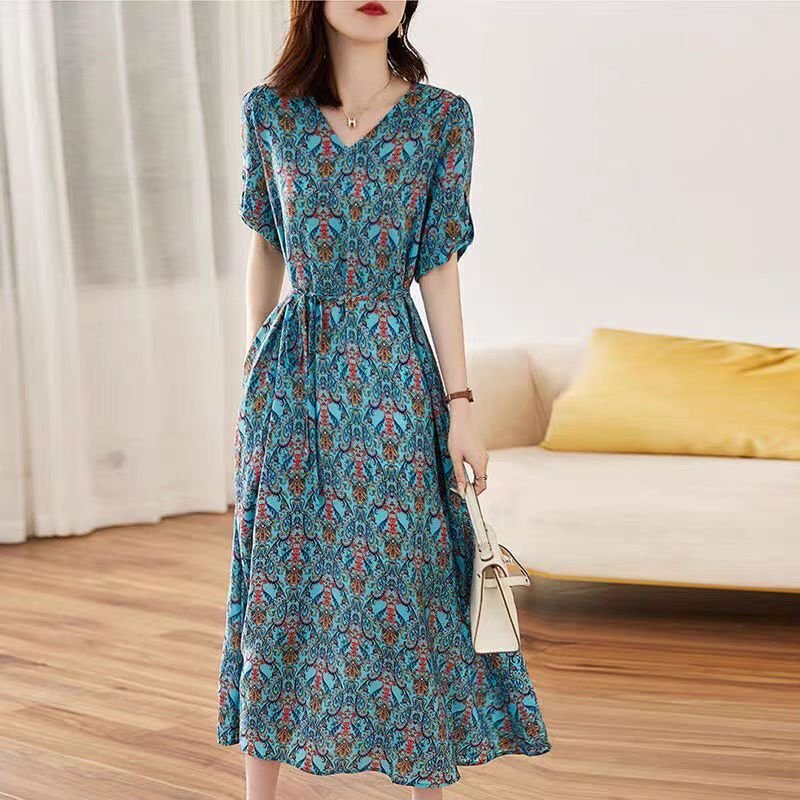ロングワンピース 半袖 フレアスカート プリント柄 Vネック おでかけ きれいめ レディース L ブルー拍卖