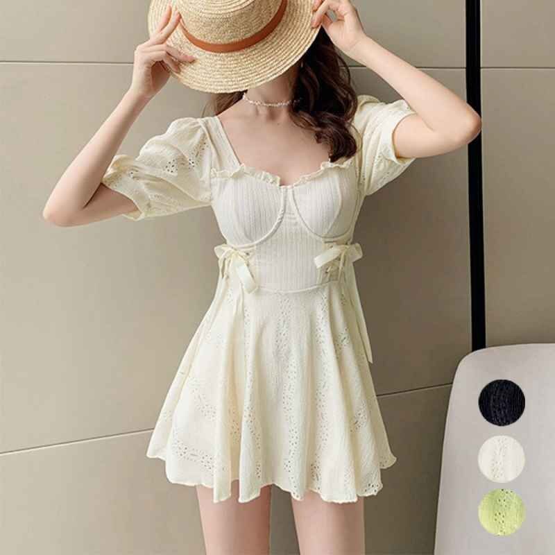 ワンピース水着 体型カバー ビキニセット レースアップ水着 パフスリーブ ハイウエスト 無地 フリー ブラック×ワンピースタイプ拍卖