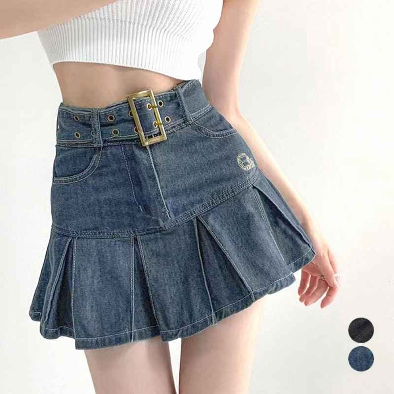 ミニデニムプリーツスカート ベルト付き Aラインスカート ショートスカート ミニボックススカート L インディゴ拍卖