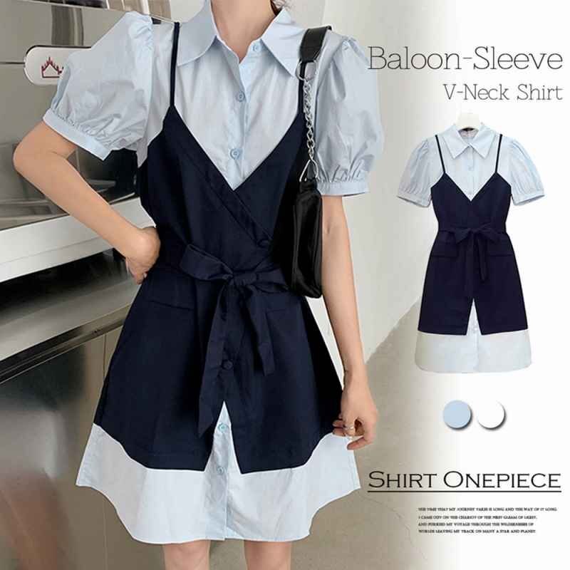 ビスチェ付き シャツワンピース Aライン フリー 薄ブルー拍卖