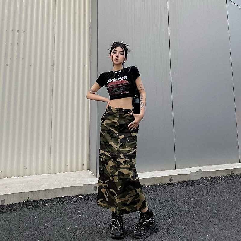 ロングスカート カジュアル 迷彩 ミリタリー シンプル レディース M グリーン拍卖