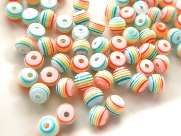 即決 ☆100個 カラフルストライプビーズ ラウンド ☆アクリルパーツ 手芸拍卖