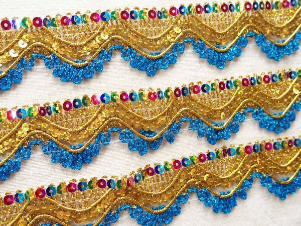 即決 ! 0.5mより ゴールドブレード 波型 スパンコール 青ゴールド☆ 手芸 クラフト 民族衣装 タッセル フリンジ拍卖