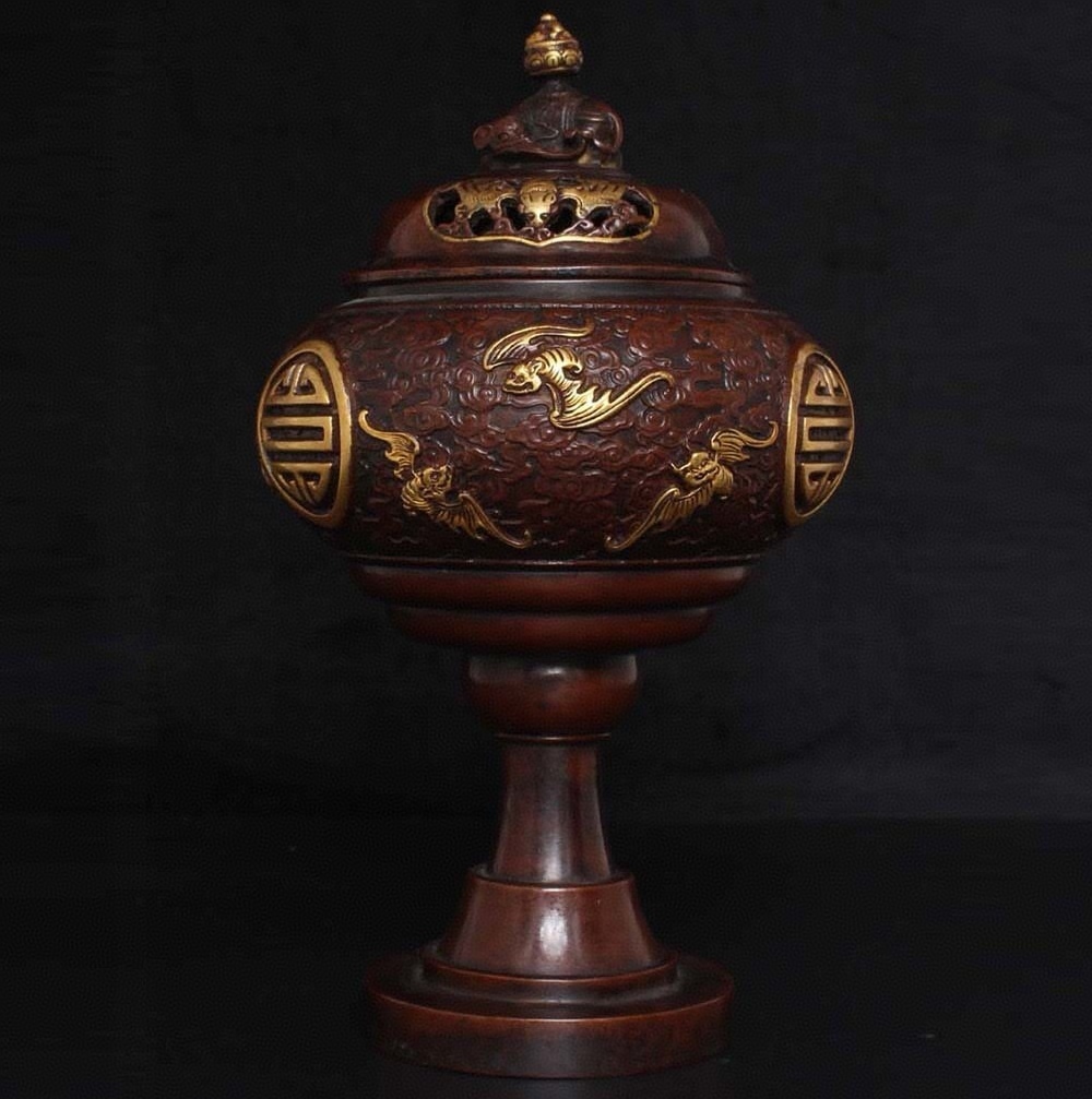 唐物 大明 宣德年製 紫銅塗金 熏爐 銅製 銅器 極細工 古美術品 中国古玩 骨董品 D610 拍卖