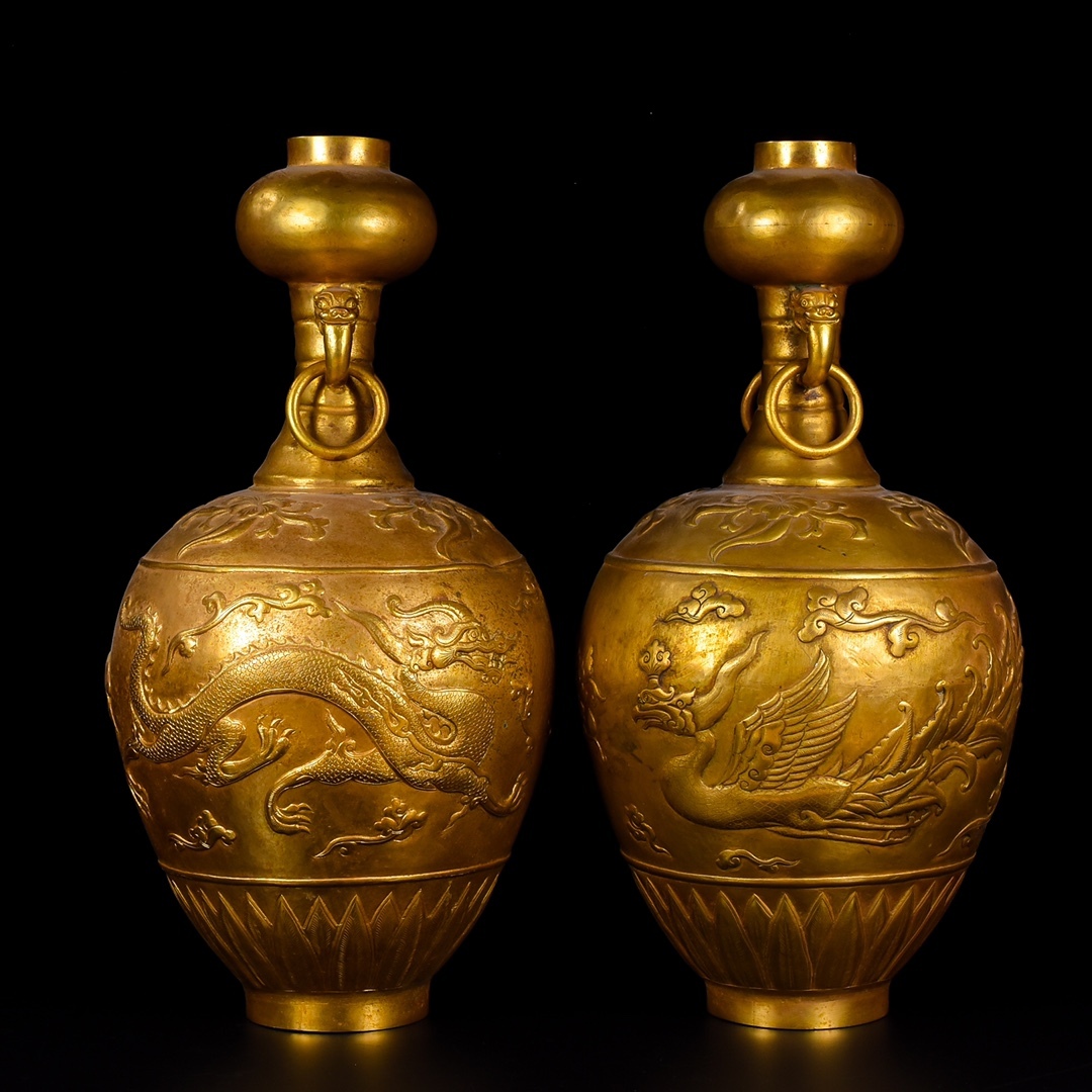 唐物 清 銅塗金 花瓶ペア 銅製 銅器 極細工 古美術品 中国古玩 骨董品 D610拍卖