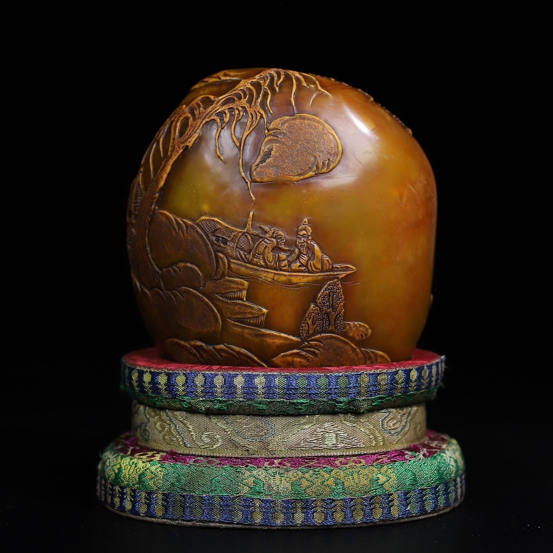 唐物 【中国篆刻家 齊白石】寿山石 山水人物紋 薄意印鑑 置物 天然石 手彫 篆刻 古印材 極細工 中国古玩 骨董品 古美味 D610拍卖