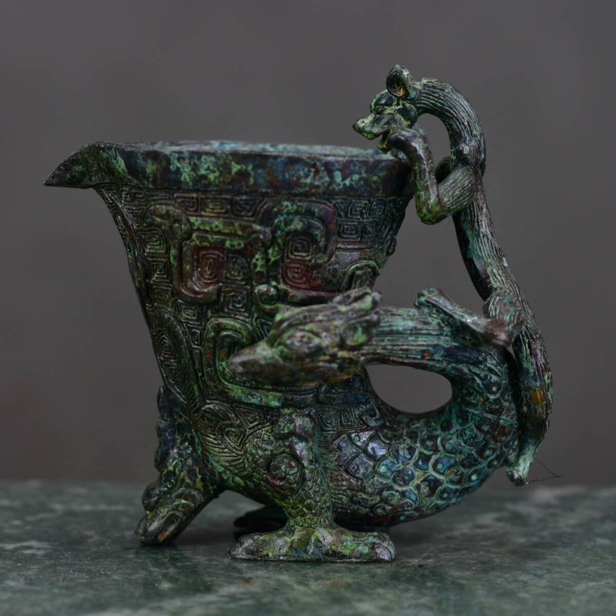 唐物 商代 朱雀 獣杯 銅製 銅器 極細工 古美術品 中国古玩 骨董品 D610拍卖