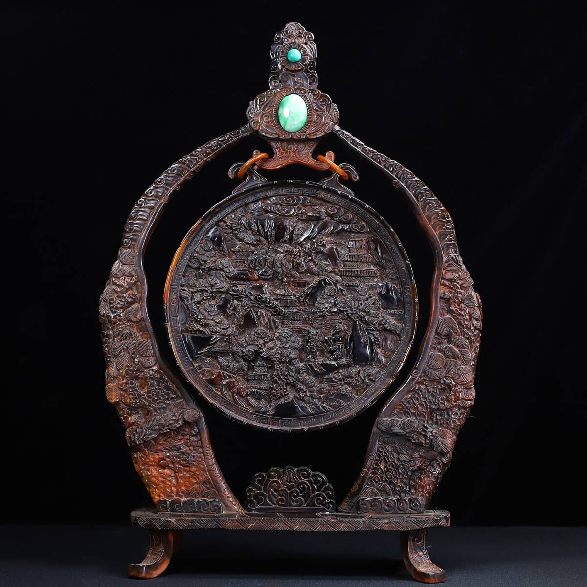 唐物 清 牛角 彫刻 山水人物 吊掛屏風 置物 極細工 古美術品 中国古玩 骨董品 D610拍卖