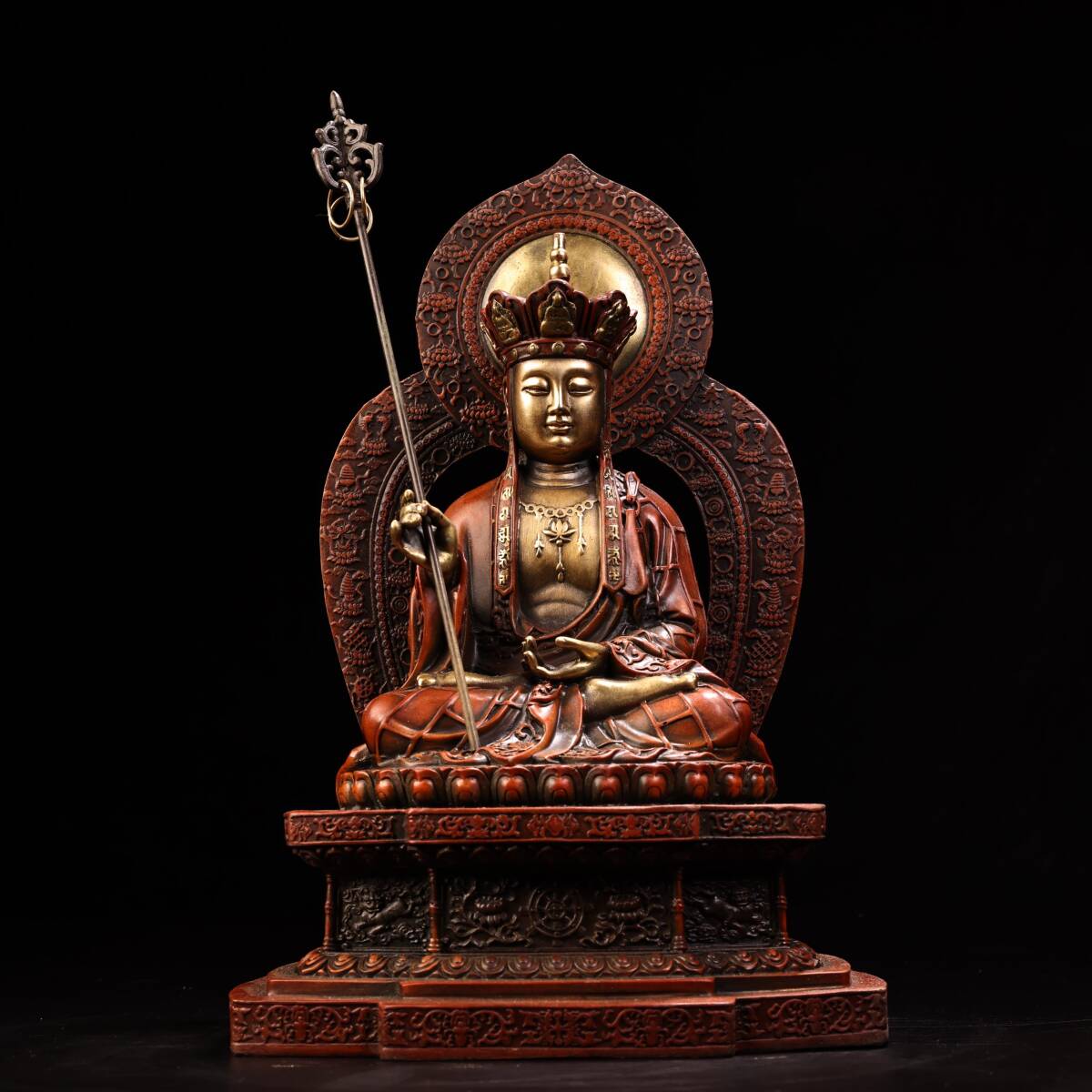 唐物 清 純銅 赤銅 高レリーフ鏨刻塗金銀 地藏王菩薩仏像一尊 仏像 奉納されていた 供養品 銅製 極細工 古美術品 中国古玩 骨董品 D610拍卖