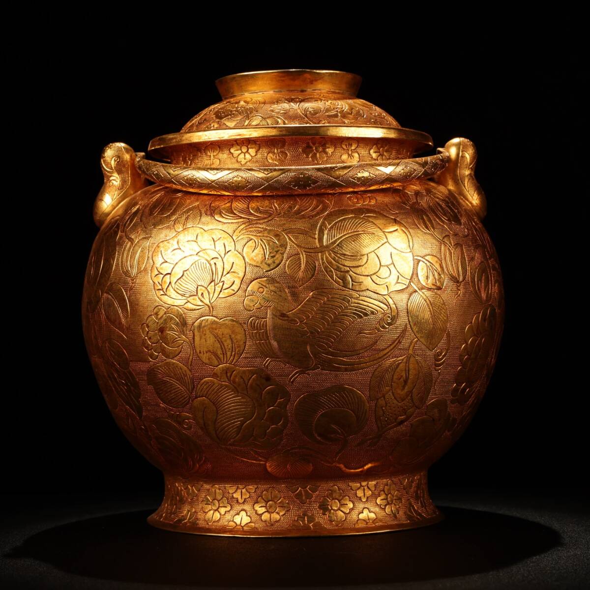 唐物 清 純銅塗金 鏨刻工藝 手提罐 銅製 銅器 極細工 古美術品 中国古玩 骨董品 D610拍卖