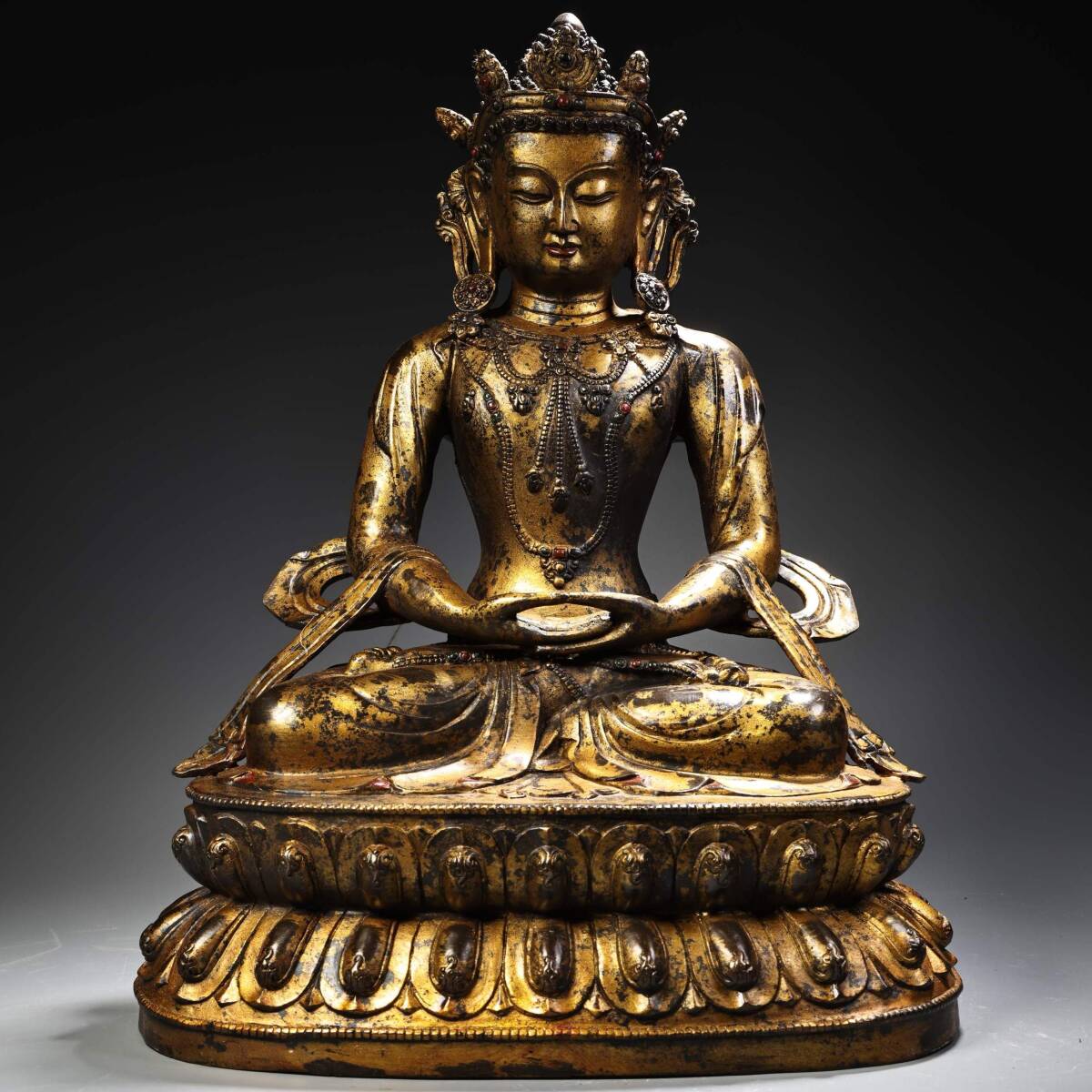 唐物 清 純銅 全銅 高レリーフ鏨刻泥金 蔵伝長寿仏 仏像 奉納されていた 供養品 銅製 極細工 古美術品 中国古玩 骨董品 D610拍卖