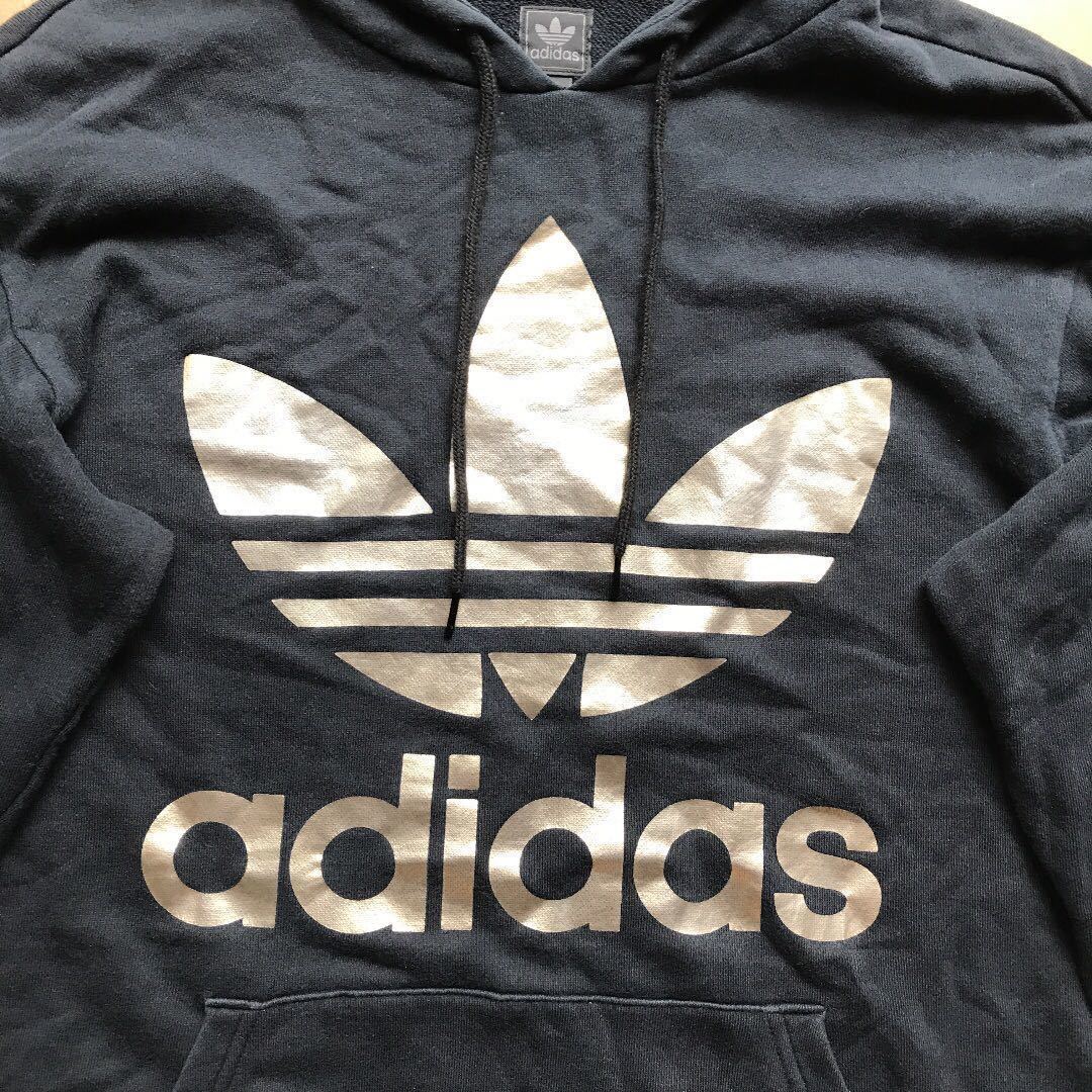 adidas デカロゴ プルオーバーパーカー ゴールド ブラック カンガルーポケット プルオーバー ビッグロゴ アディダス拍卖