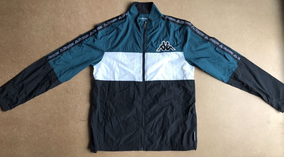 Kappa ナイロンジャケット ブラック×グリーン×ホワイト ロゴ入りジッパー LL カッパ スポーツウェア トラックジャケット拍卖