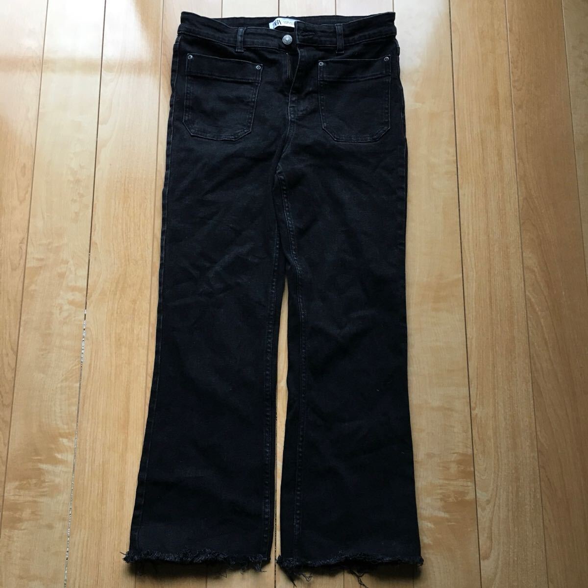 ザラ ワイドジーンズ 202-1-15 ブラック フリンジ拍卖