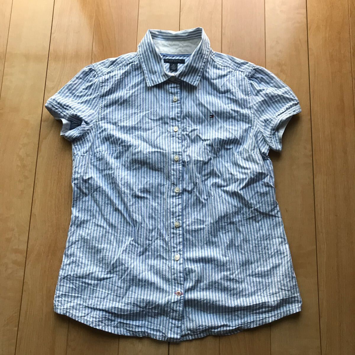 トミーヒルフィガー ストライプシャツ 122-1-374 レディース M ライトブルー ホワイト トミー拍卖