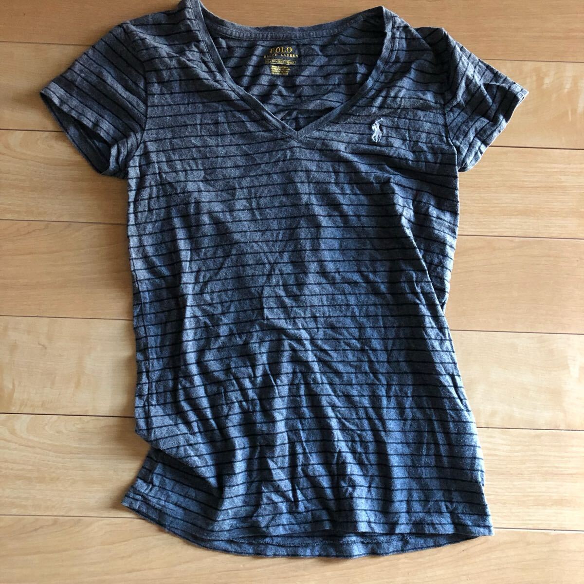 ポロラルフローレン VネックTシャツ 229-1-24 レディース XS グレー ボーダー 白ポニー ラルフ拍卖