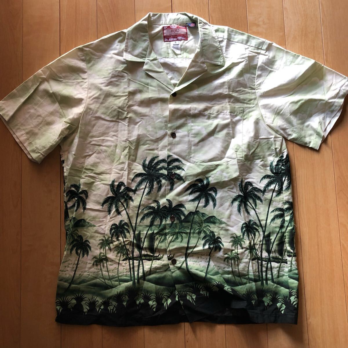 ハワイ製 RJC アロハシャツ 226-1-72 メンズ L グリーン ヤシの木 海拍卖