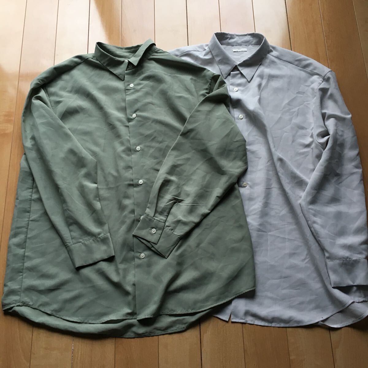 ジーユー オーバーサイズシャツ 2枚セット 197-1-11 メンズ L カーキ オフホワイト拍卖
