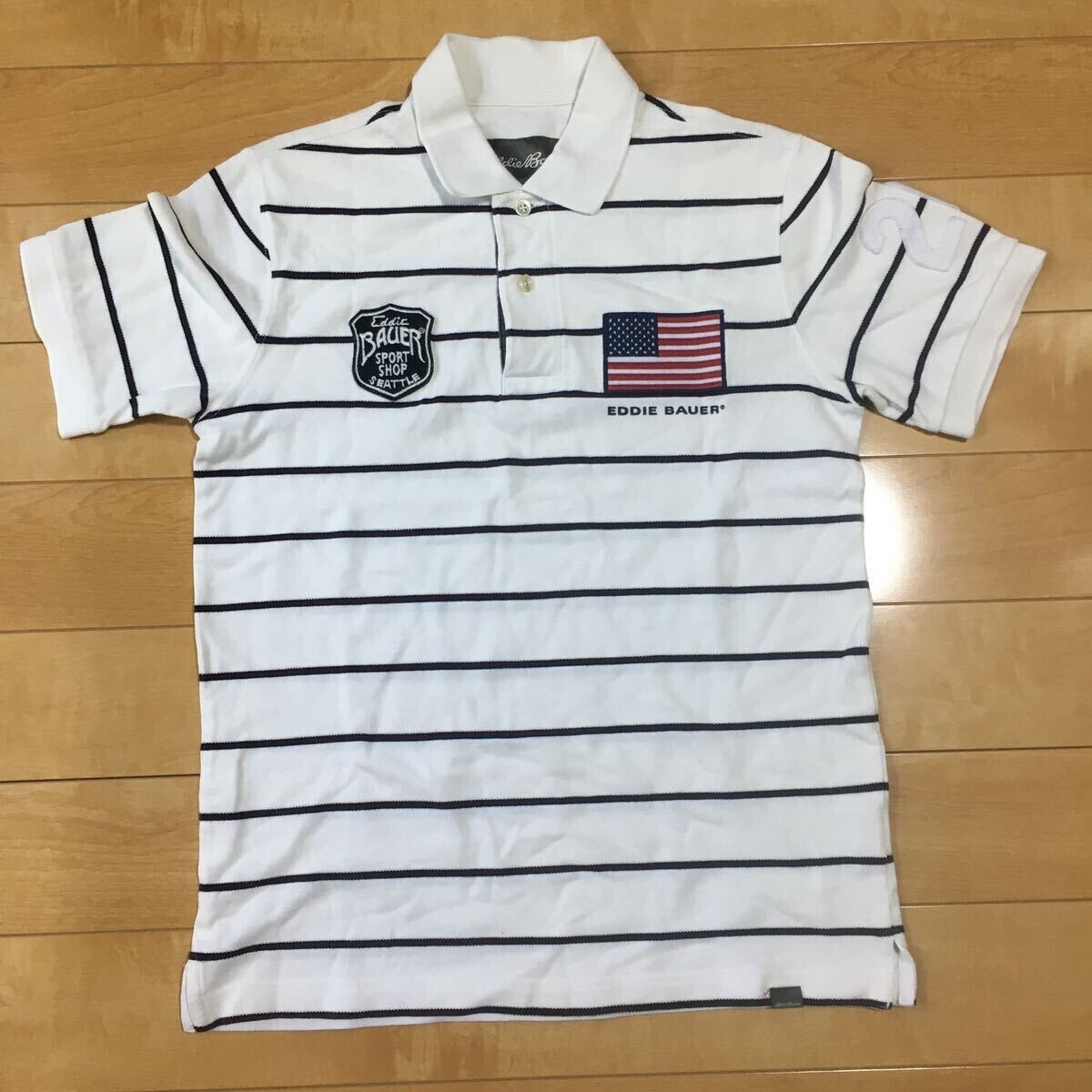 エディーバウアー ワッペン付きポロシャツ 038-1-304 メンズ XS ホワイト ブラック ボーダー拍卖