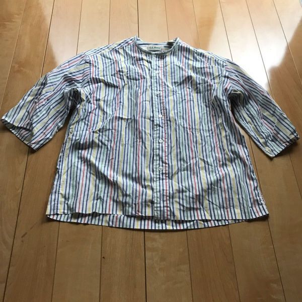 90年代 エルエルビーン バンドカラーシャツ 102-1-375 レディース M ホワイト マルチカラー拍卖