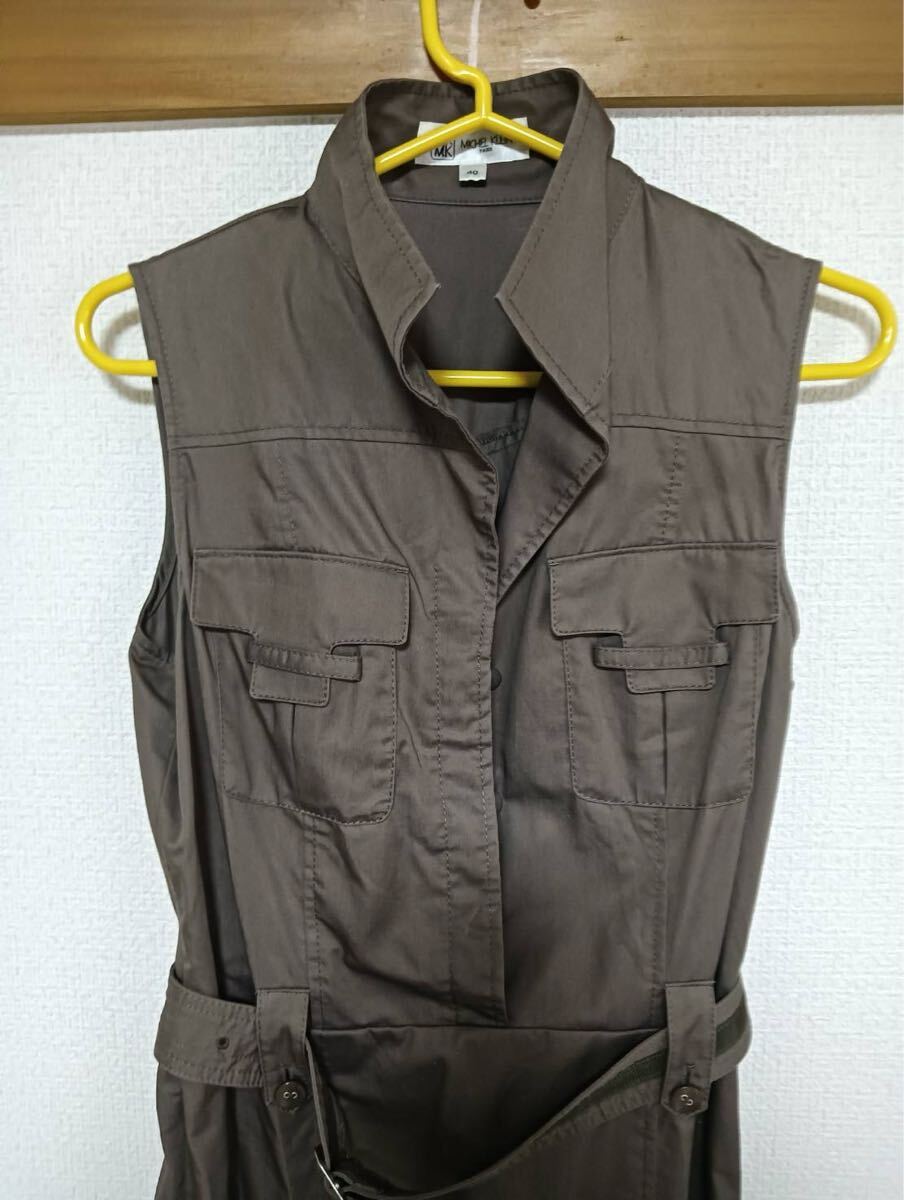 【美品】MICHEL KLEIN ミッシェルクラン ワンピース 40 M相当 コットン100% ブラウン ベルト付き ノースリーブ レディース 通勤 使用1回拍卖