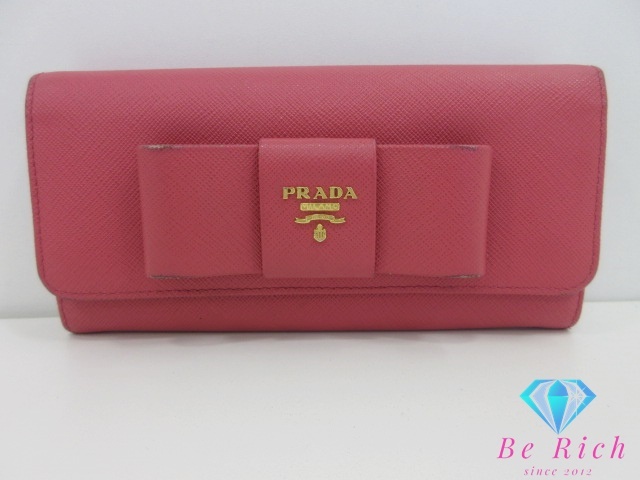 プラダ PRADA 二つ折り財布 長財布 1MH132 フィオッコ サフィアーノ レザー ピンク ロゴ リボン ロング ウォレット 【中古】bs3931拍卖